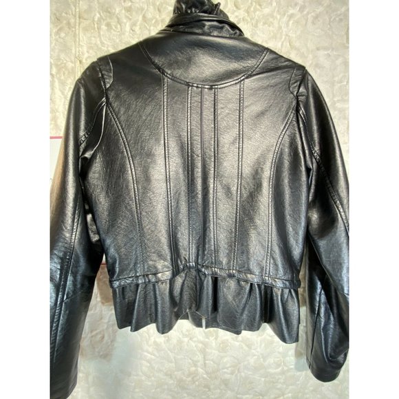 Odyn Women Black Faux Leather Jacket Ruffled szM - Picture 8 of 10